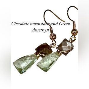 Elegant Green Amethyst and Chocolate  Moonstone Gemstone Earrings